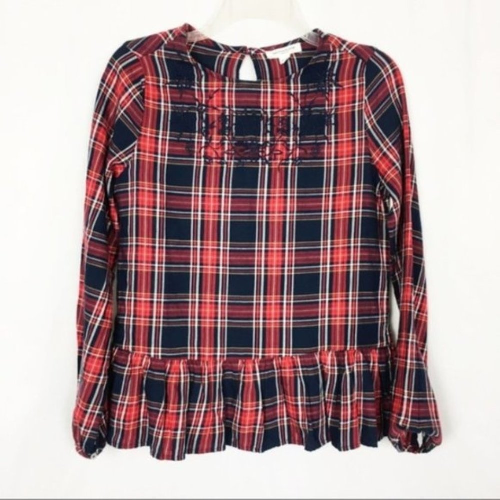 Beachlunchlounge plaid peplum embroidered top XS